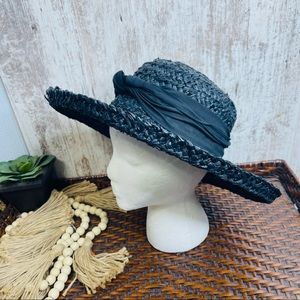 Vintage Black Woven Straw Hat Structured Elegant Derby